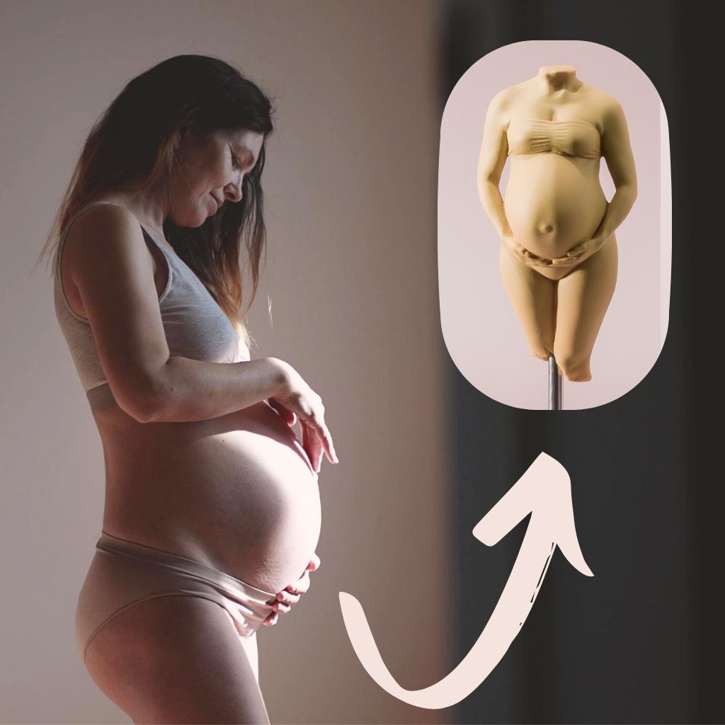 Schwangerschaftserinnerung einer Schwangeren Frau. Mit einer Schwangerschaftsskulptur von Bauchformat